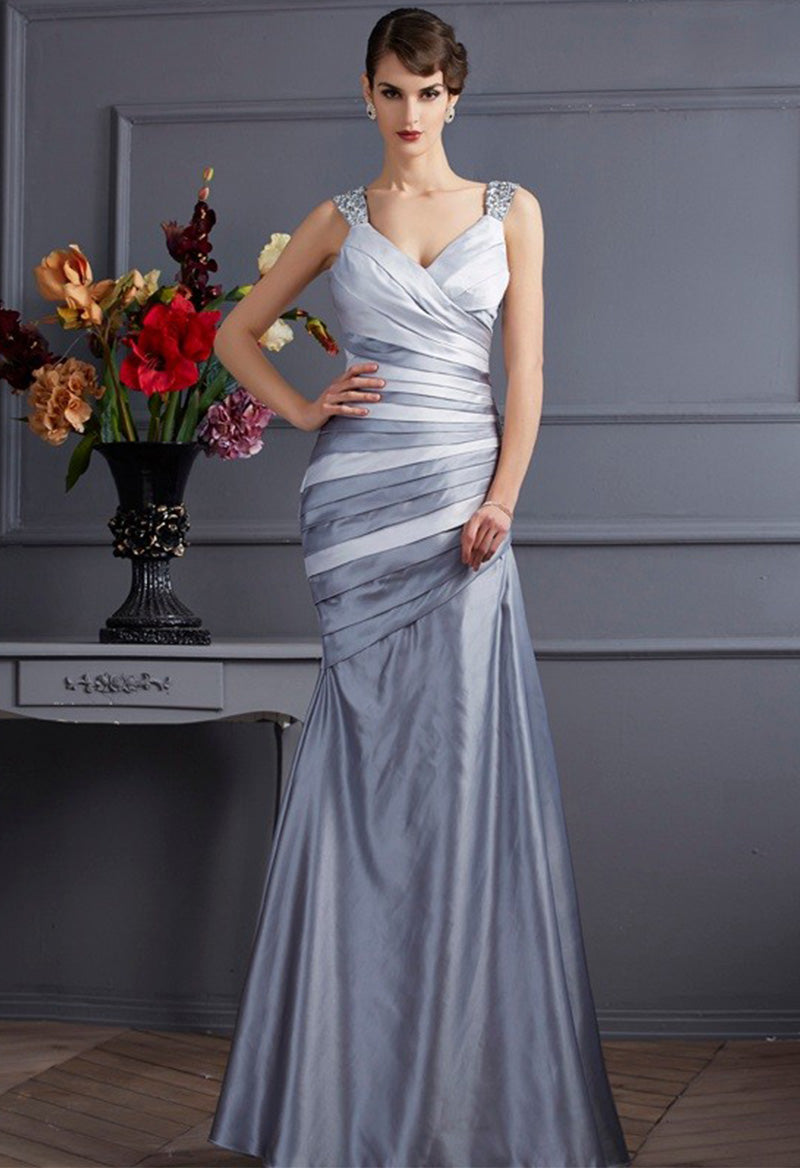 V Neck Satin Bandage Beaded A Line Floor Length Evening Dress As Picture