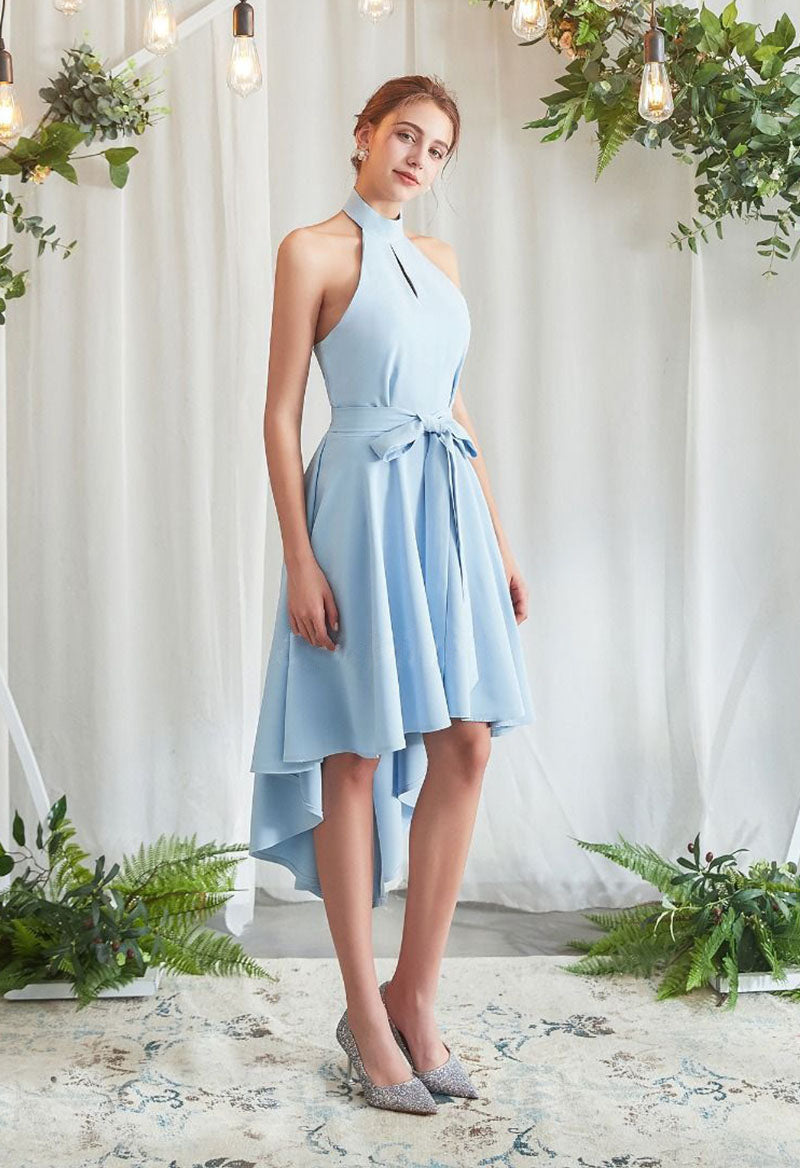 Sleeveless Halter Neck High-Low A Line Knee Length Bridesmaid Dress