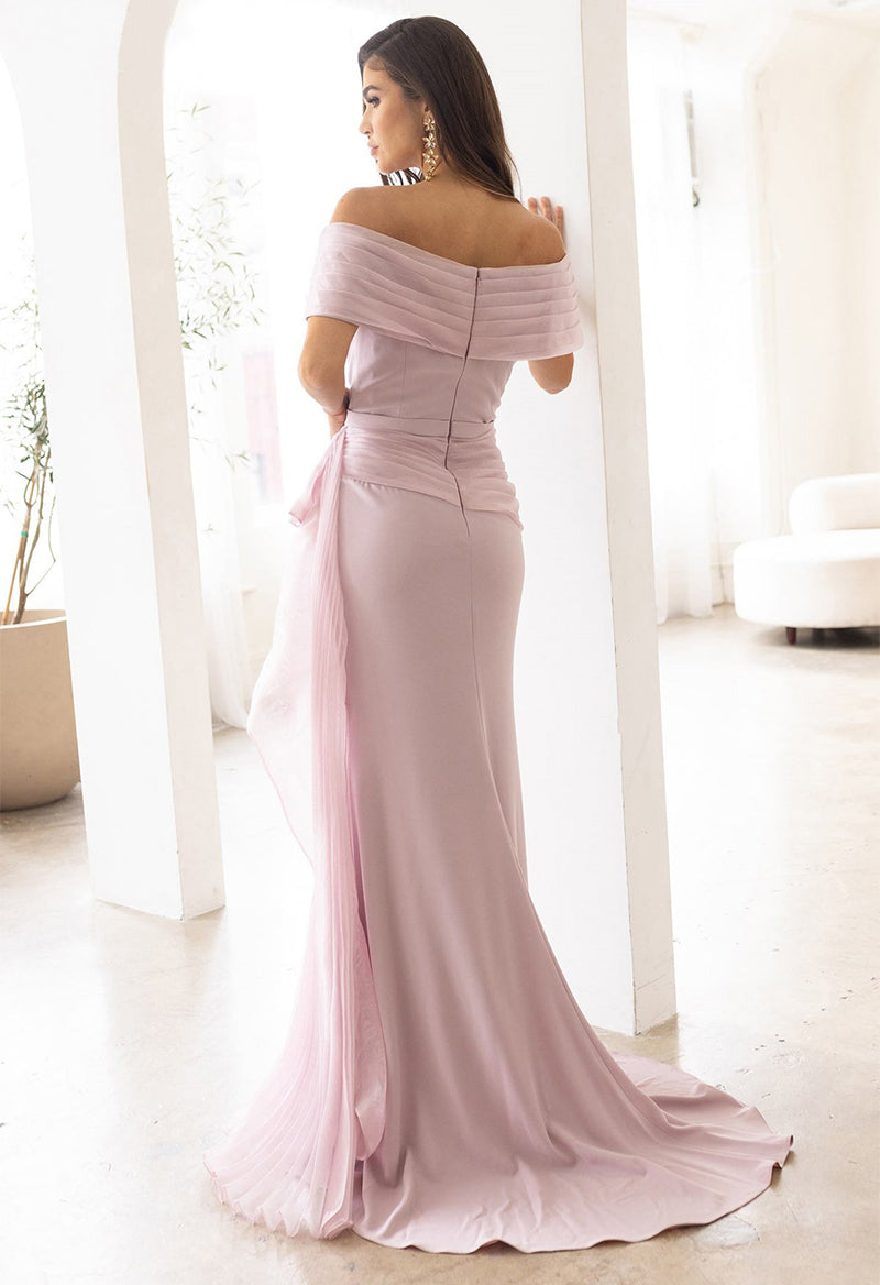 Off The Shoulder Short Sleeve Pleated Belt Ruffled Sheath Sweep Train Mother Of The Bride Dress
