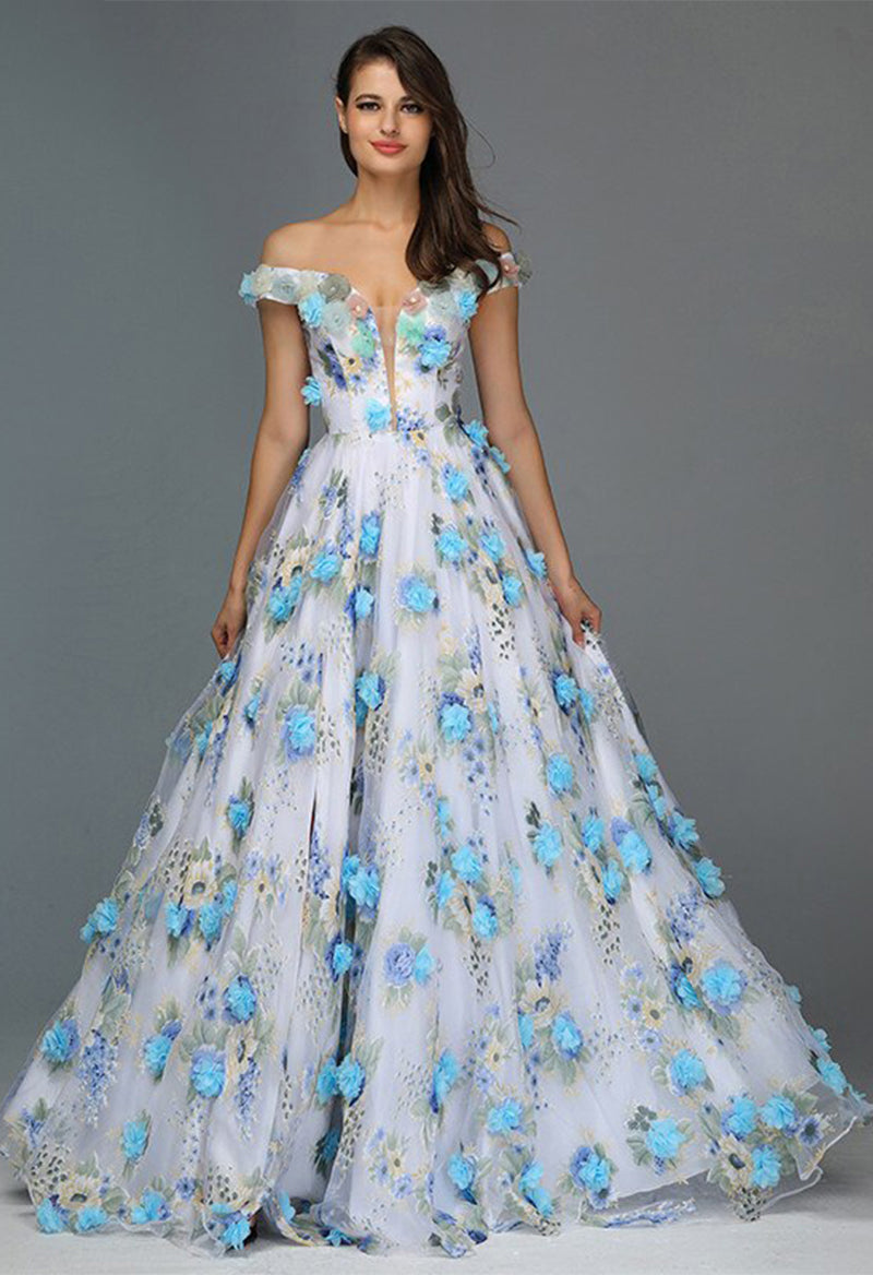 V Neck 3D FlowersTulleA Line Floor Length Prom Dress As Picture