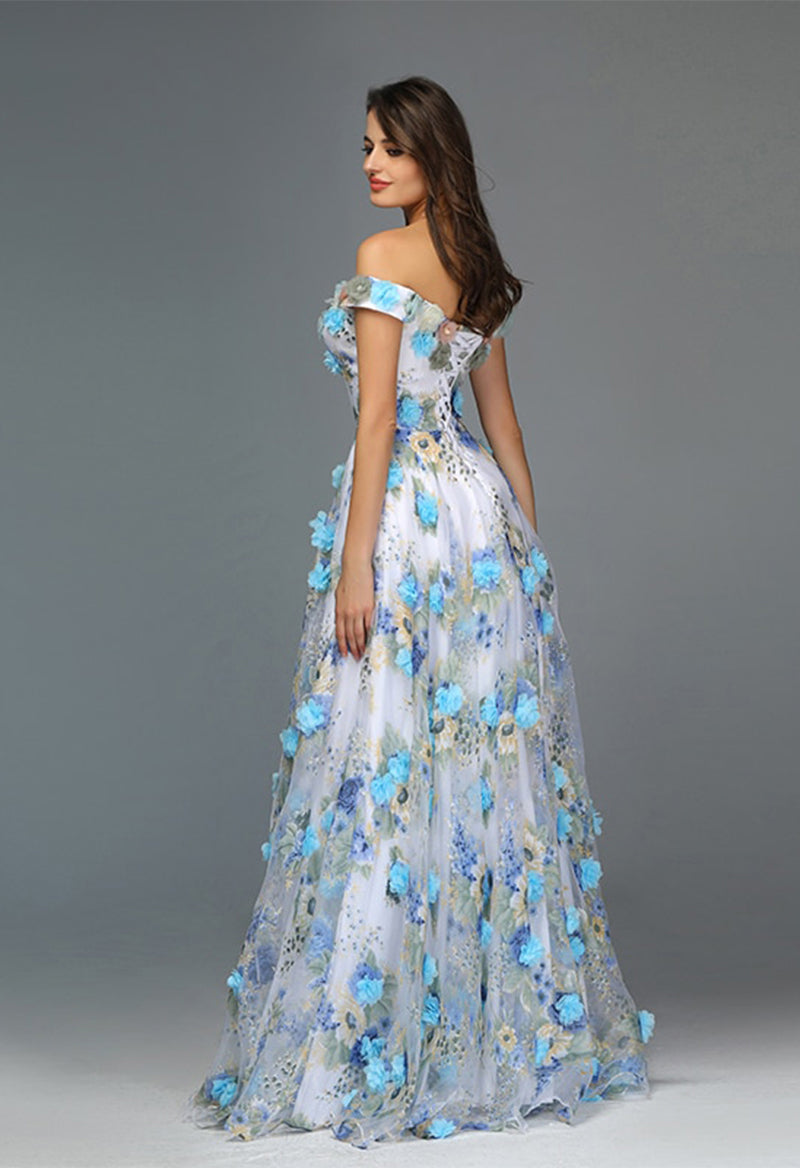 V Neck 3D FlowersTulleA Line Floor Length Prom Dress