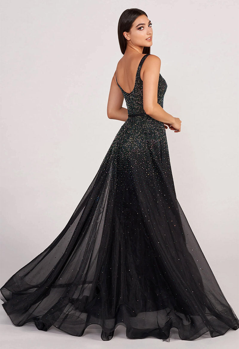 Square Neck Sequined Tulle Sleeveless A Line Sweep Train Evening Dress