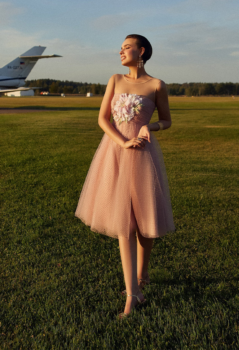 Floral Polka Dot Sleeveless A Line Cocktail Dress Pink