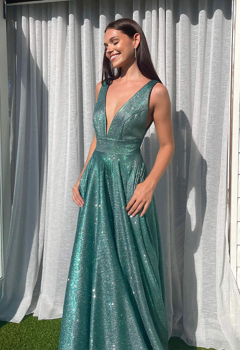 A Line Deep V Neck Sparkly Satin Sleeveless Pocket Court Train Evening Dress