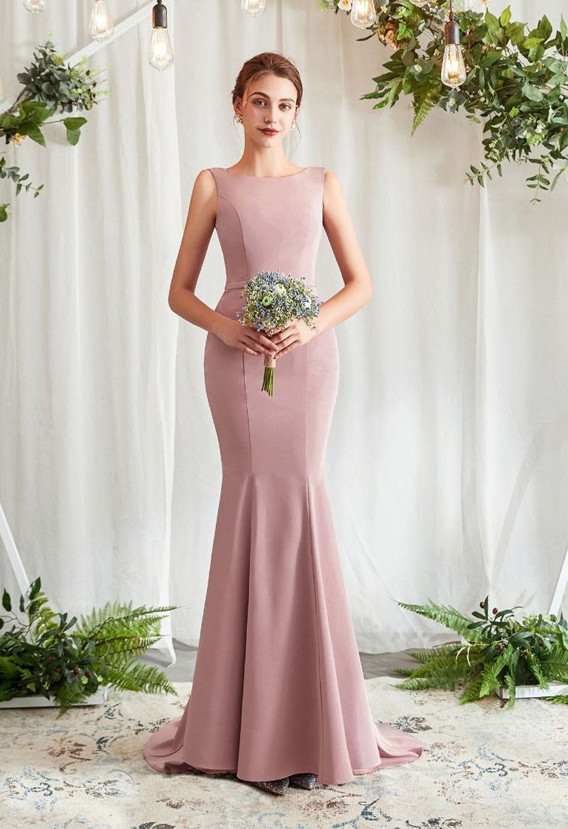 Scoop Neck Sleeveless Mermaid Satin Count Train Bridesmaid Dress As Picture