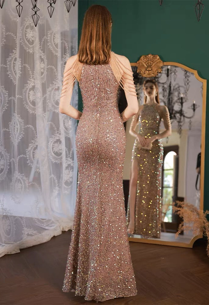 Sleeveless Sequin Tassel Slit Sheath Floor Length Scoop Neck Evening Dress