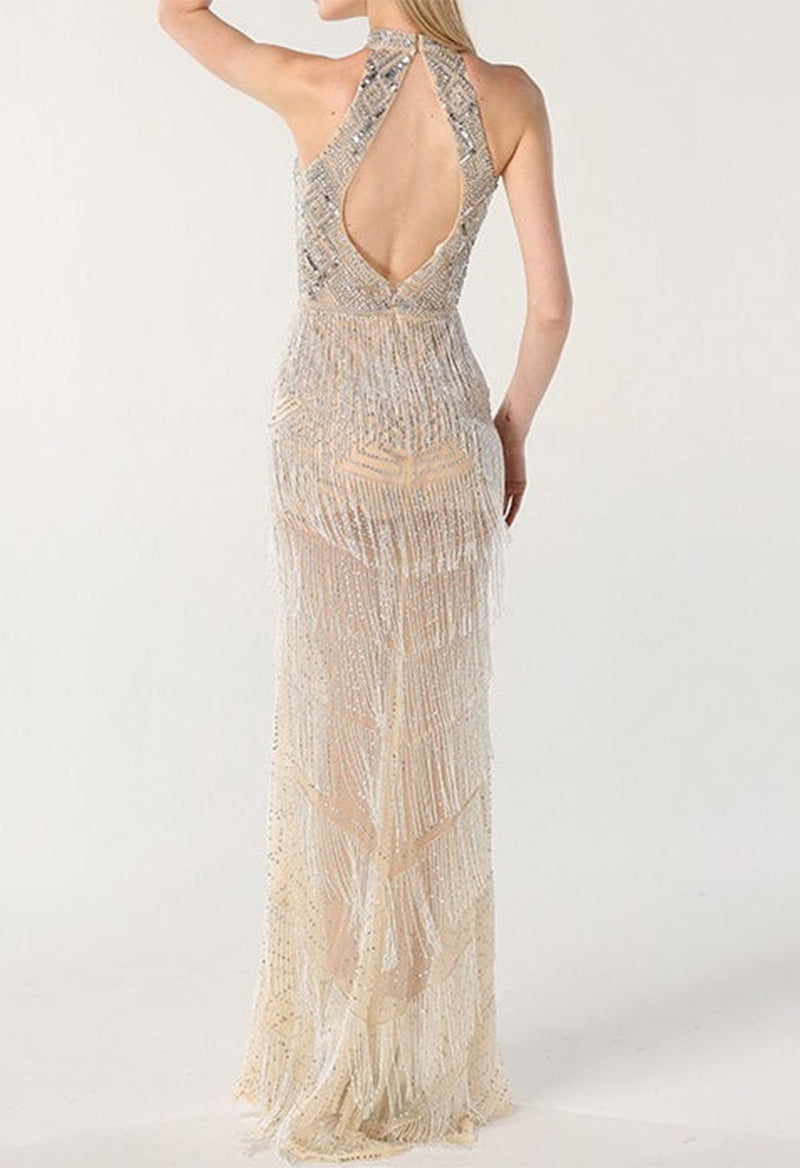 Sequin Beaded Tassel Slit Sleeveless Halter Key Hole Evening Dress