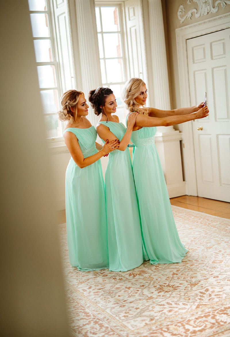 One Shoulder Sleeveless Pleated Sequin Chiffon Floor Length Bridesmaid Dress