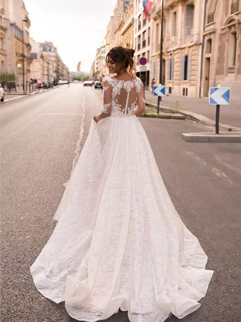 Elegant Lace Plunging Neckline Aline Modern Wedding Dress