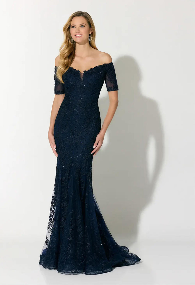 Off The Shoulder Sequined Mermaid Short Sleeve Sweep Train Sexy Mother Of The Bride Dress Dark Blue