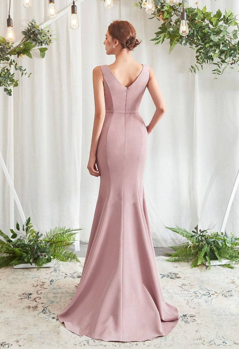 Scoop Neck Sleeveless Mermaid Satin Count Train Bridesmaid Dress