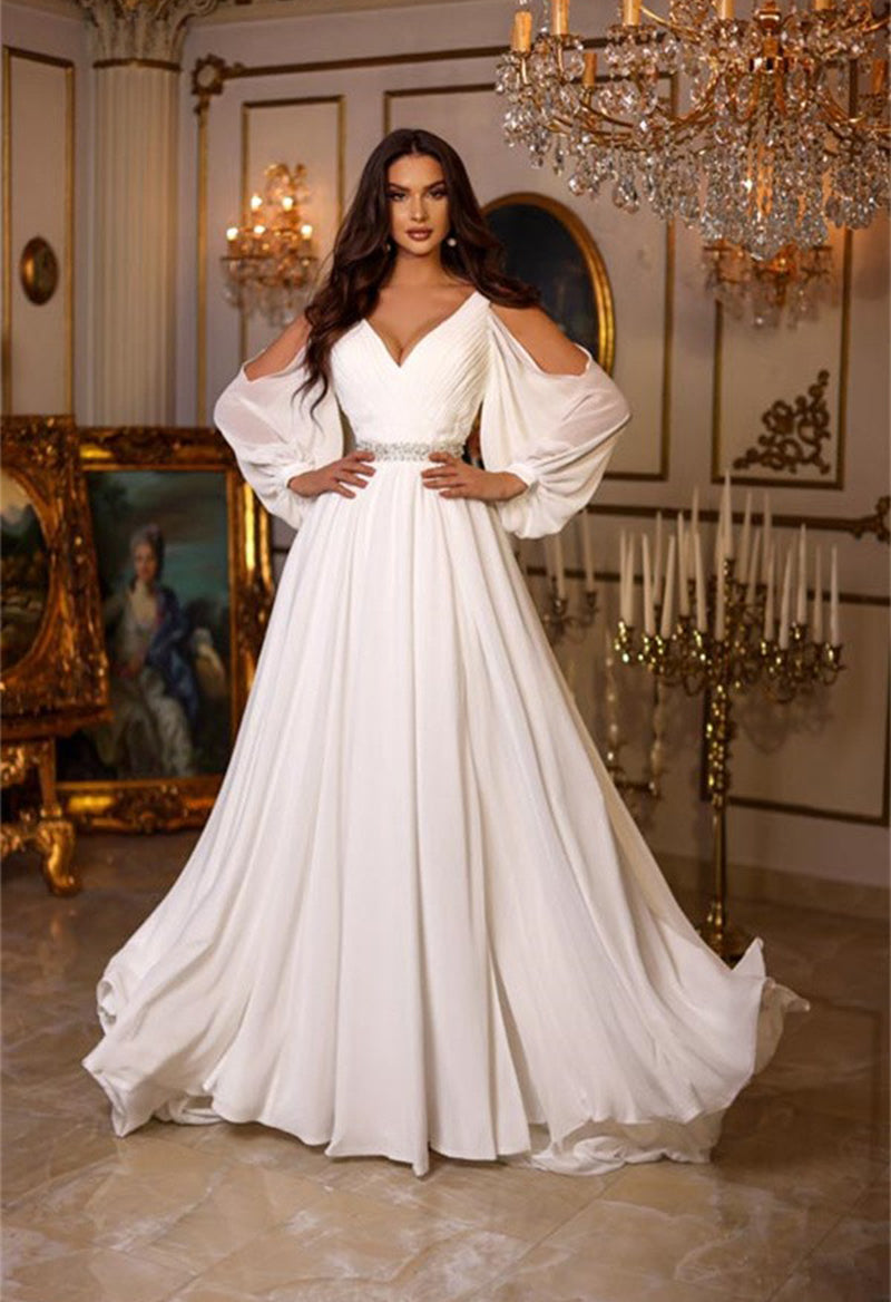Chiffon Puff Sleeve V Neck Slit A Line Floor Length Wedding Dress As Picture