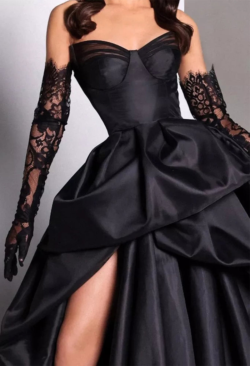 Sweetheart Lace Slit Satin Chapel Train Evening Dress