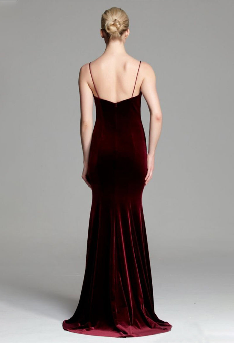 Spaghetti Strap Velvet Sheath Floor Length Sleeveless Bridesmaid Dress