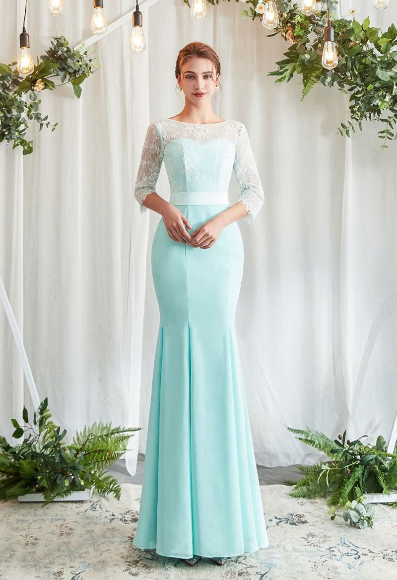 Scoop Neck Three Quarter Sleeve Mermaid Chiffon Lace Floor Length Bridesmaid Dress