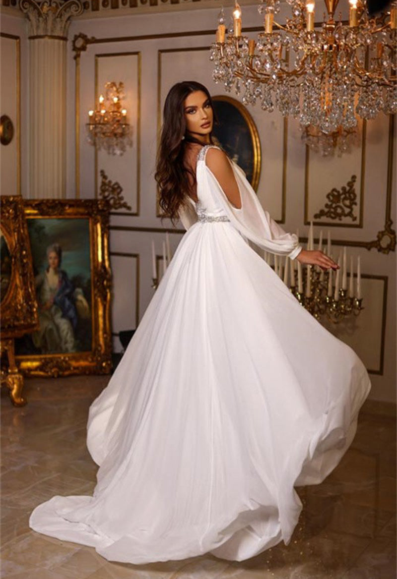 Chiffon Puff Sleeve V Neck Slit A Line Floor Length Wedding Dress