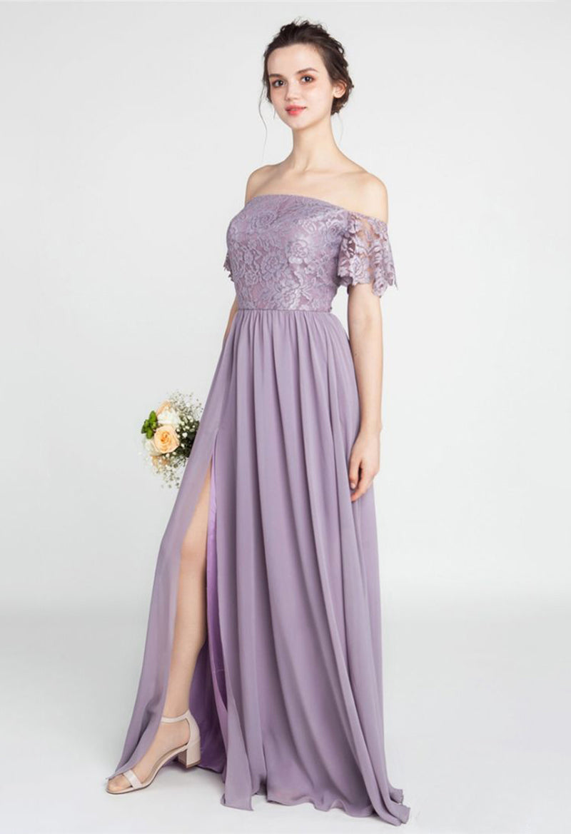 Off The Shoulder Short Sleeve Chiffon Appliquéd Bridesmaid Dresses