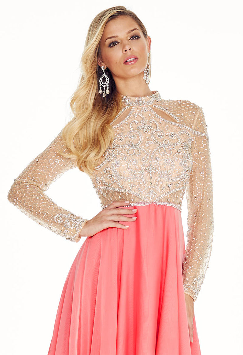 High Neck Long Sleeve Rhinestone Chiffon Court Train Evening Dress