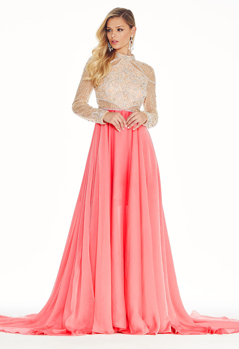 High Neck Long Sleeve Rhinestone Chiffon Court Train Evening Dress As Picture