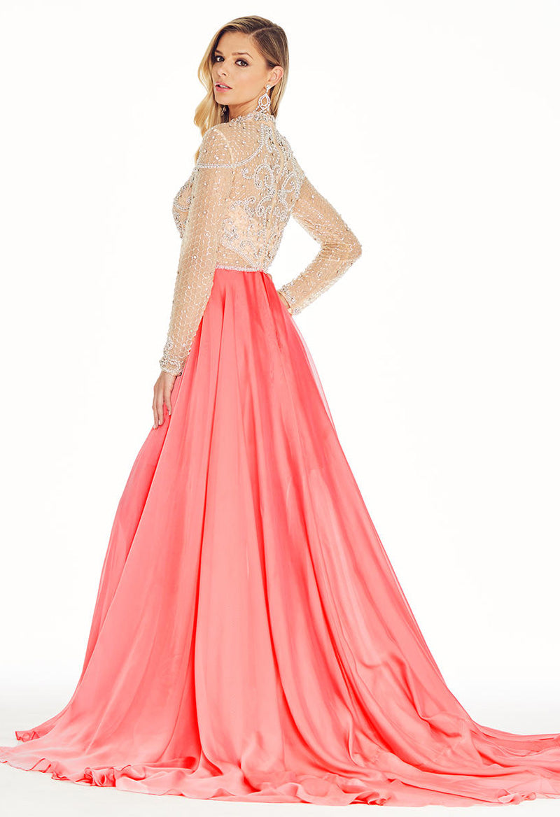 High Neck Long Sleeve Rhinestone Chiffon Court Train Evening Dress