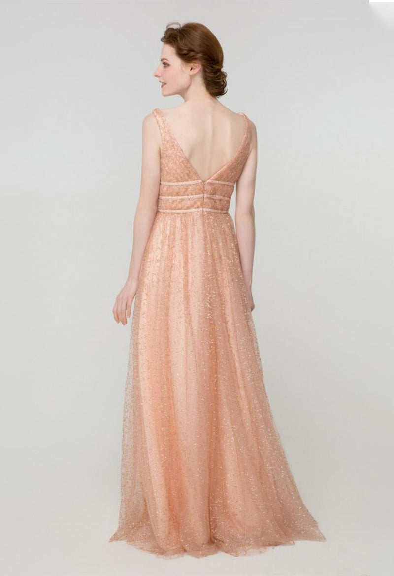 V-Neck Sleeveless Sparkly Tulle A Line Floor Length Bridesmaid Dress