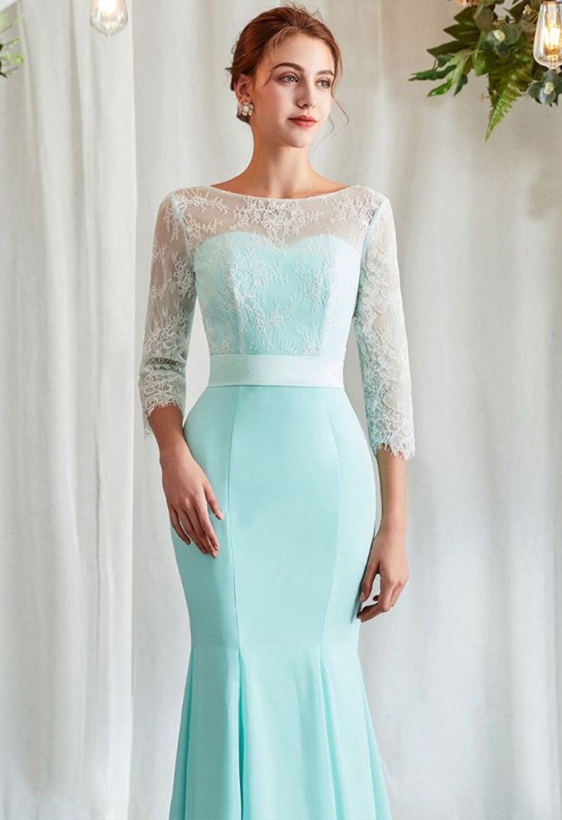 Scoop Neck Three Quarter Sleeve Mermaid Chiffon Lace Floor Length Bridesmaid Dress