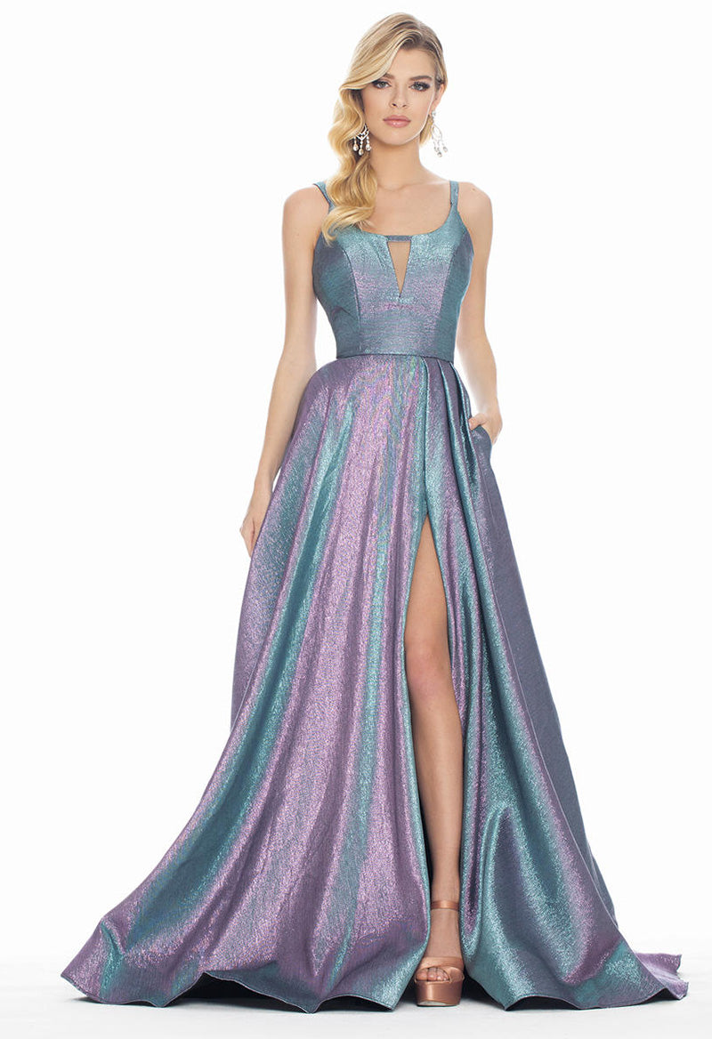 A Line Boat Neck Sparkly Satin Slit Chapel Train Evening Dress Purple