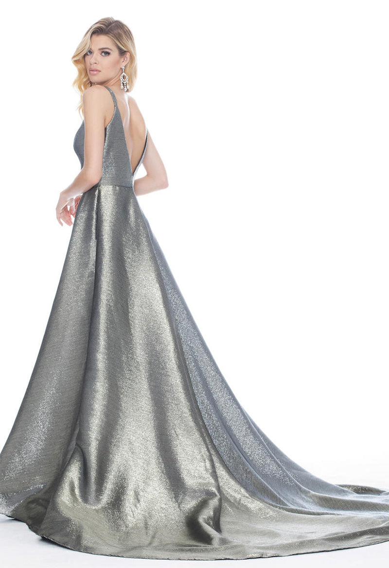 A Line Boat Neck Sparkly Satin Slit Chapel Train Evening Dress