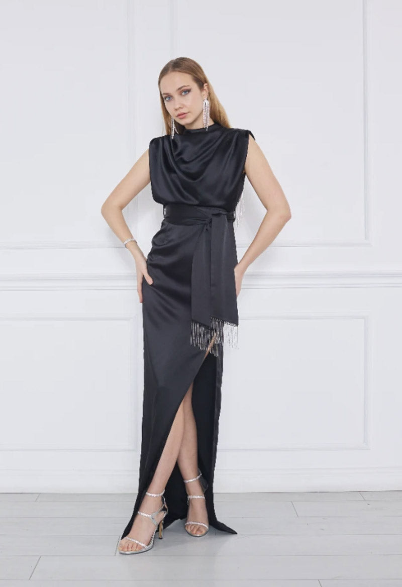 Slit Tassel Tie Sleeveless High Neck Slit Sheath Floor Length Evening Dress As Picture