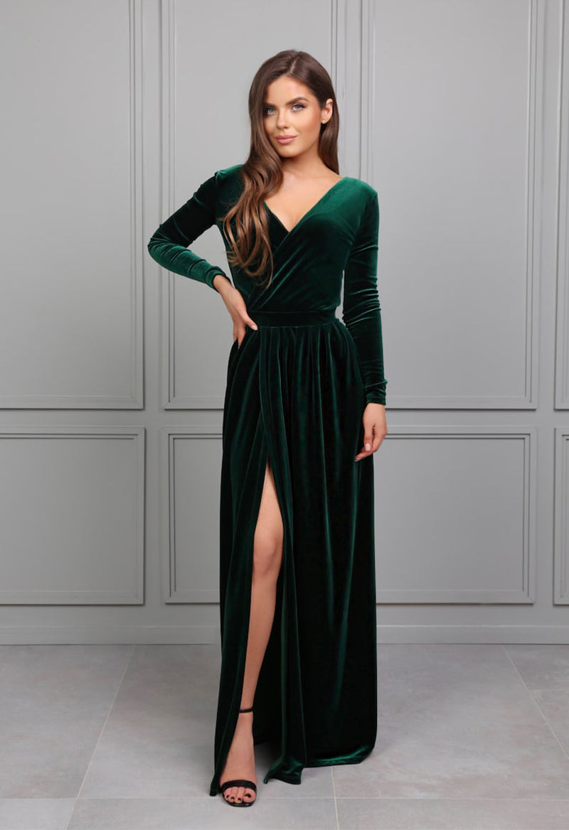 Long Sleeve Slit Velvet A Line Floor Length Bridesmaid Dress As Picture A