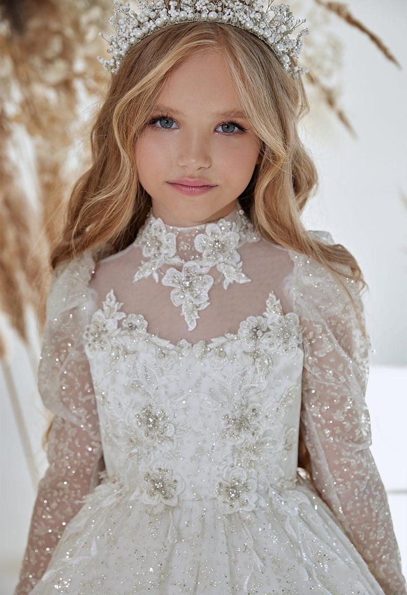 High Neck Long Sleeve Flower Sequin Princess Sweep Train Flower Girl Dress