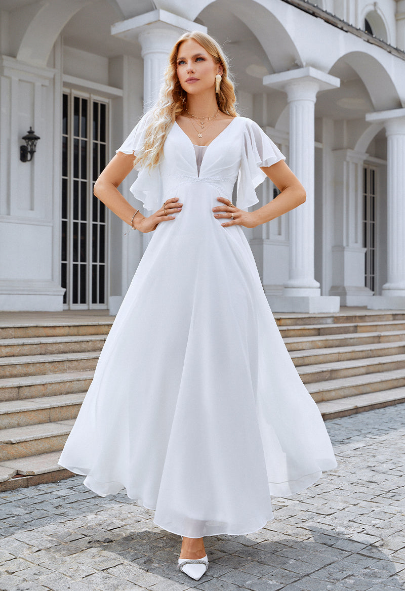 V Neck Bell Sleeve Chiffon A Line Sequin Floor Length Prom Dress White