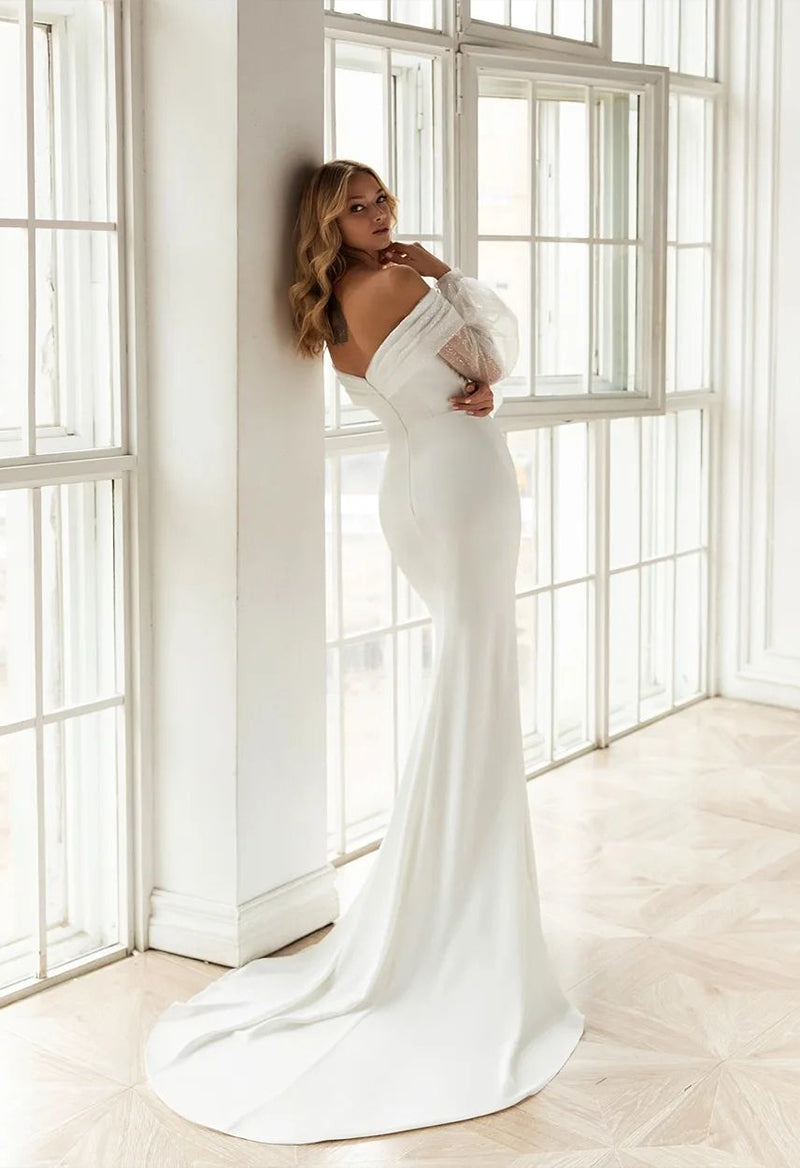 Puff Sleeves Sparkly Tulle Sheath Court Train Wedding Dress