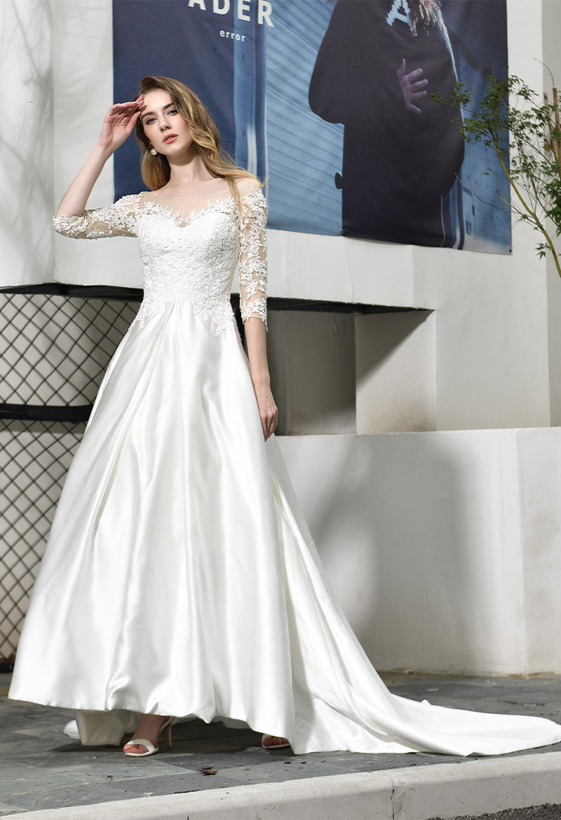 Scoop Neck Half Sleeve Court Train A Line Wedding Dress