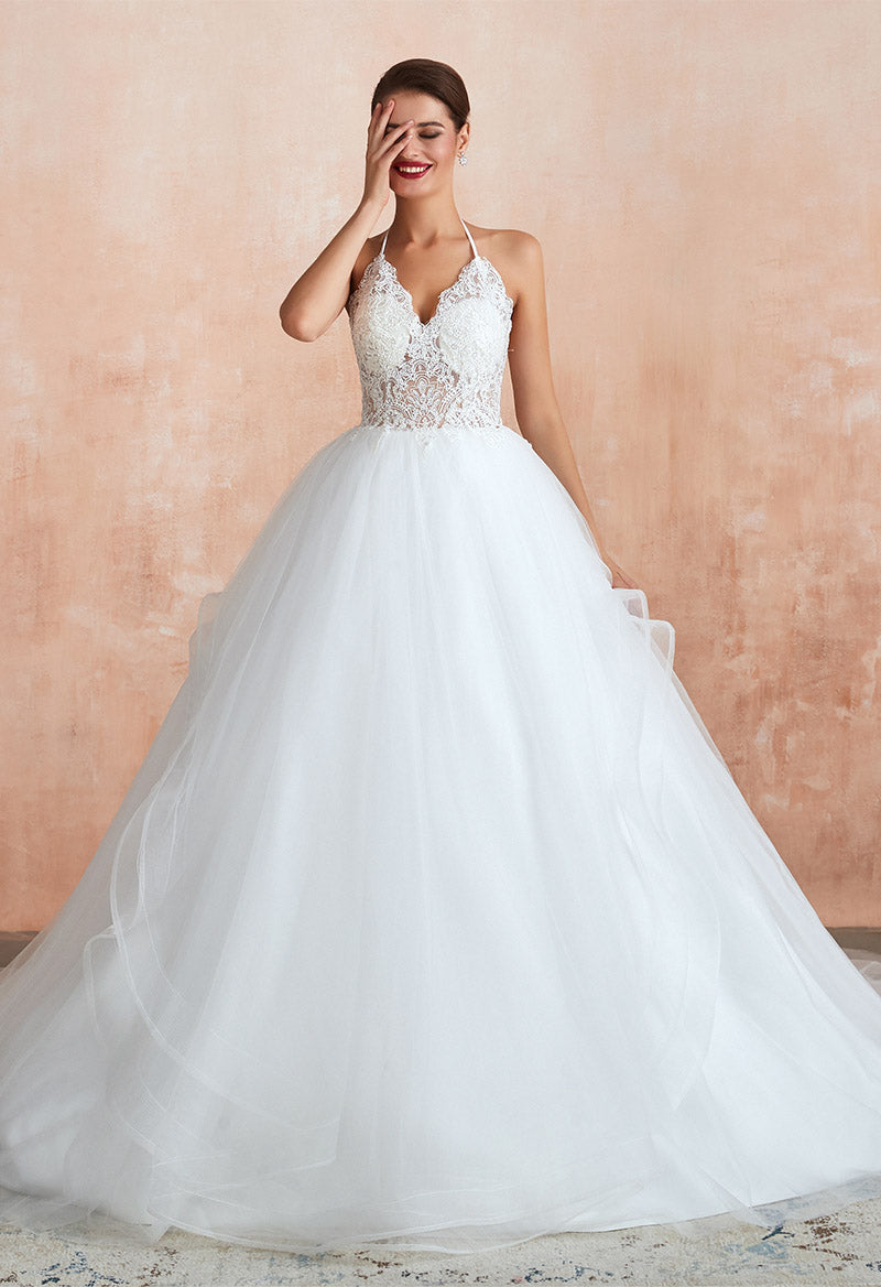 Spaghetti Strap Halter Neck Tulle Ball Gown Sweep Train Sleeveless