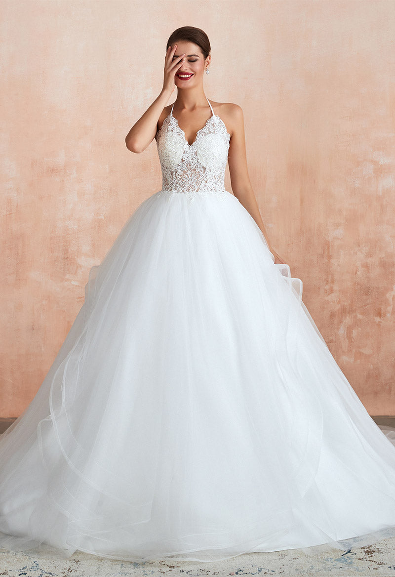 Princess V Neck Spaghetti Strap Aline Wedding Dress With Lace – Pandrodressy