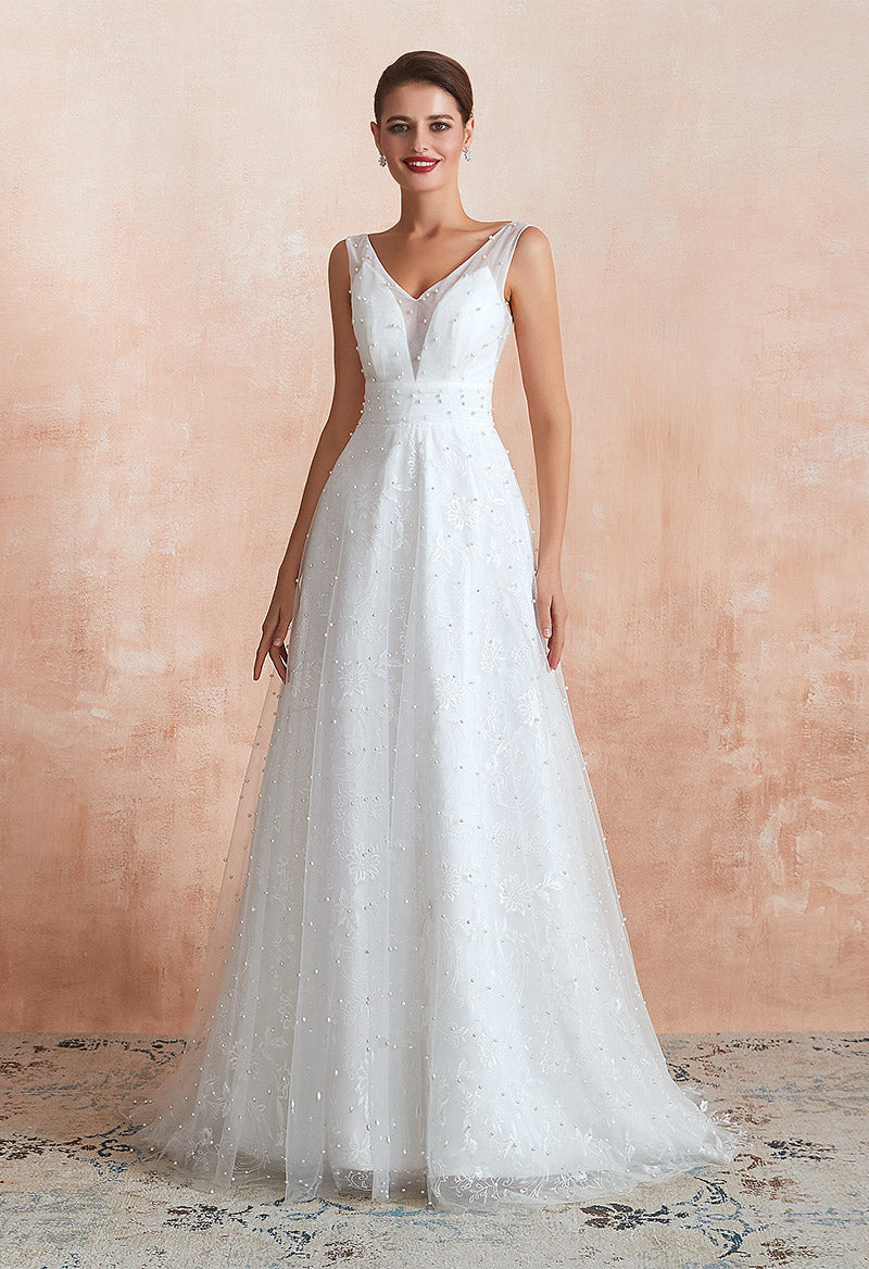 V Neck Sleeveless A Line Tulle Satin Beaded Sweep Train Wedding Dress