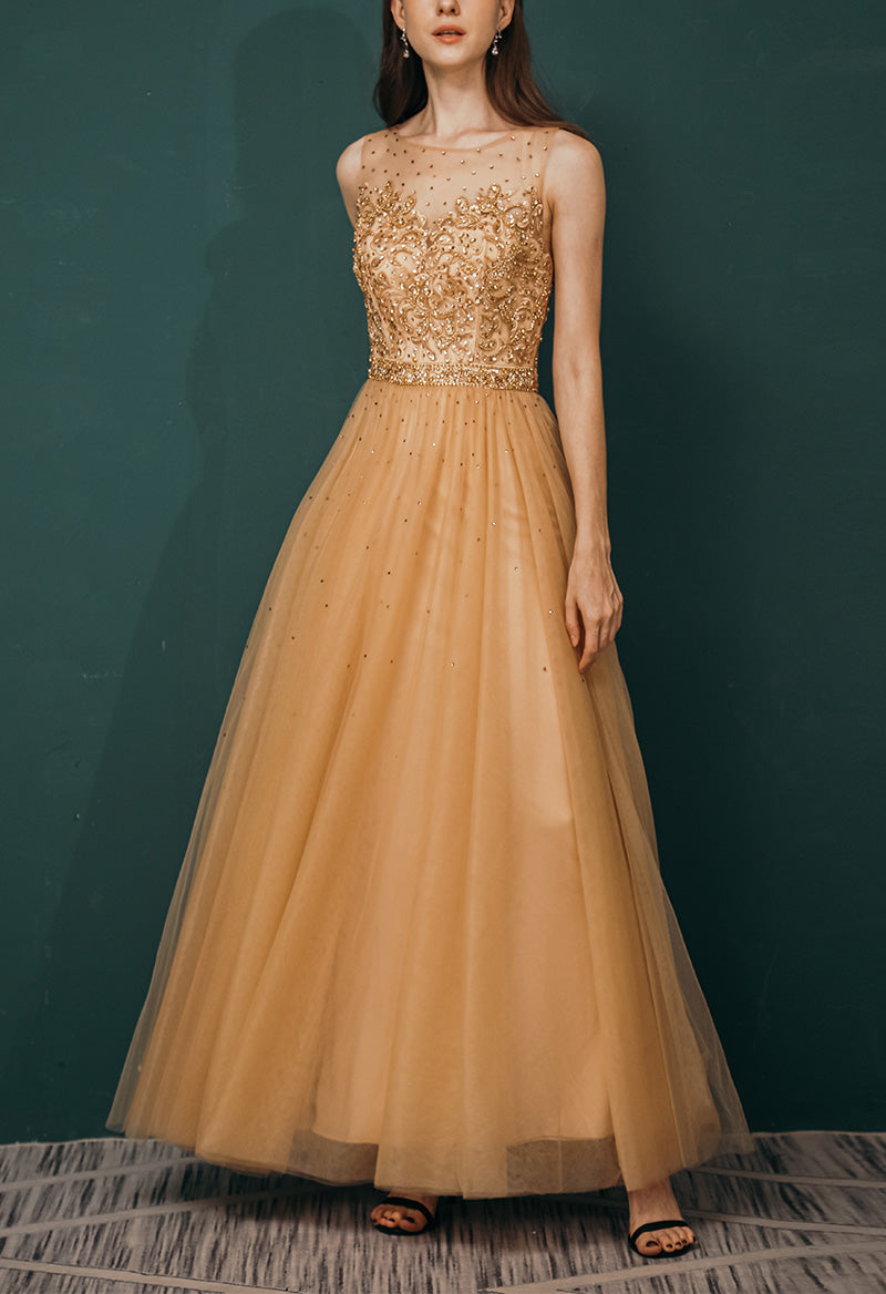 Scoop Neck Sequined Sleeveless A Line Tulle Floor Length Evening Dress