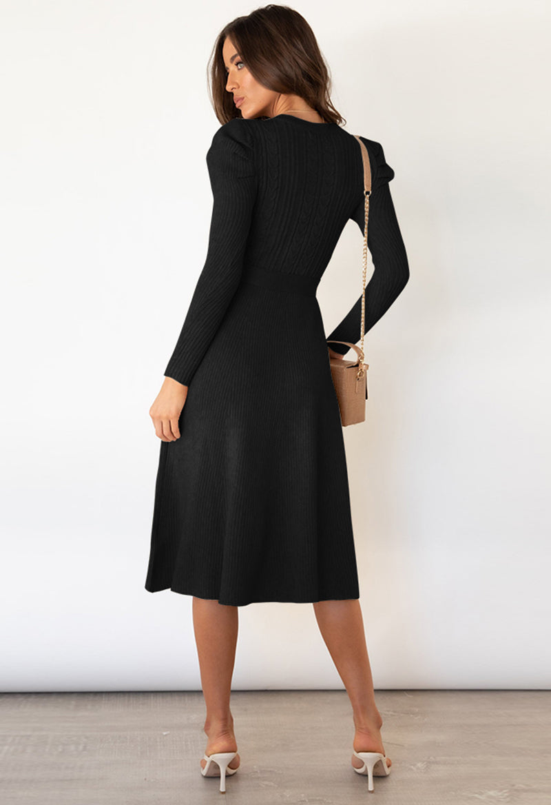 A Line Tie Long Sleeve Scoop Neck Tea Length Knit Dress