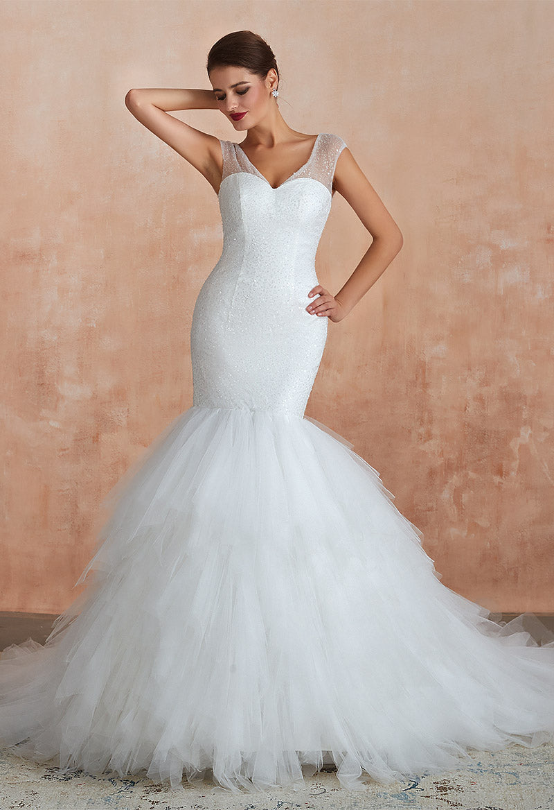 Sparkly Tulle Mermaid V Neck Sleeveless Chapel Train Wedding Dress