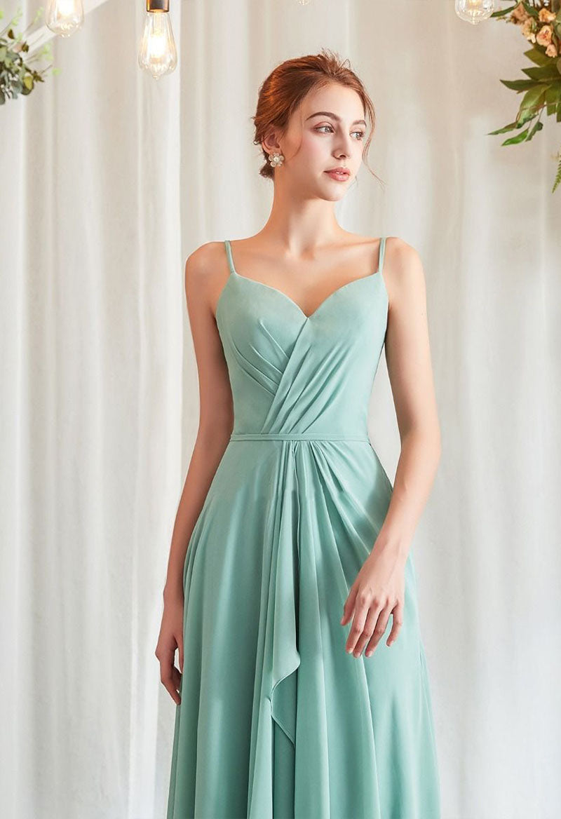 V-Neck Chiffon Shoulder Strap High-Low Sleeveless A Line Floor Length Bridesmaid Dress