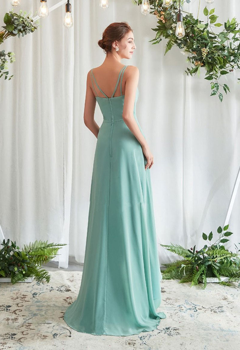 V-Neck Chiffon Shoulder Strap High-Low Sleeveless A Line Floor Length Bridesmaid Dress