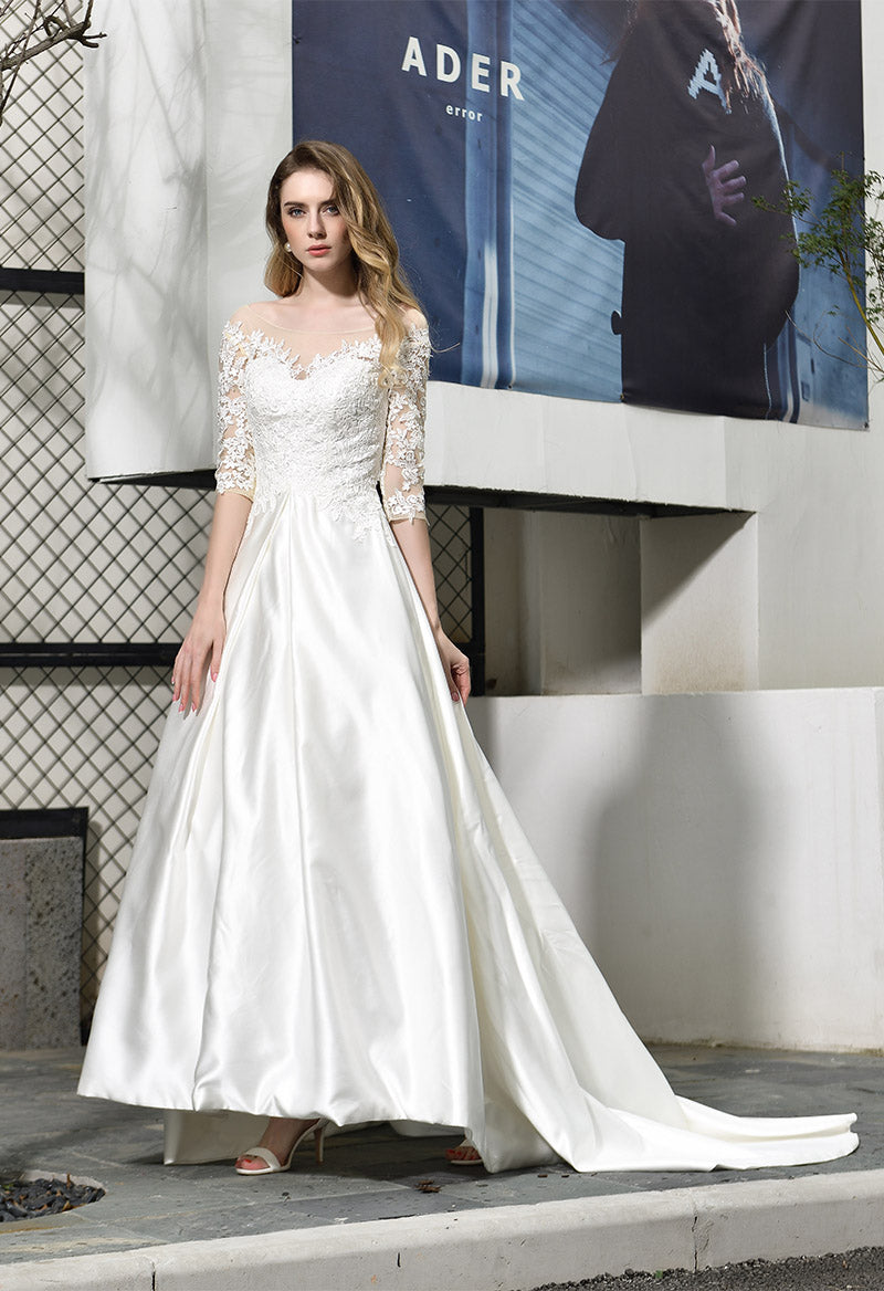 Scoop Neck Half Sleeve Court Train A Line Wedding Dress