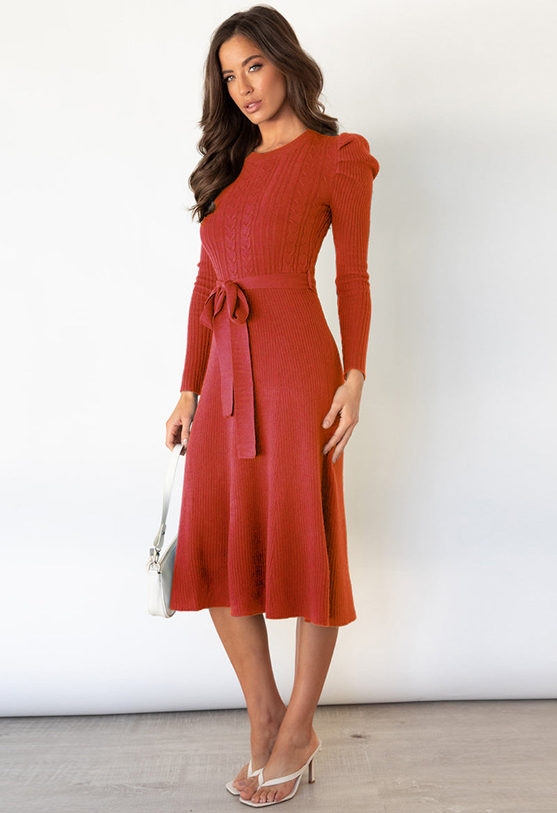 A Line Tie Long Sleeve Scoop Neck Tea Length Knit Dress Red