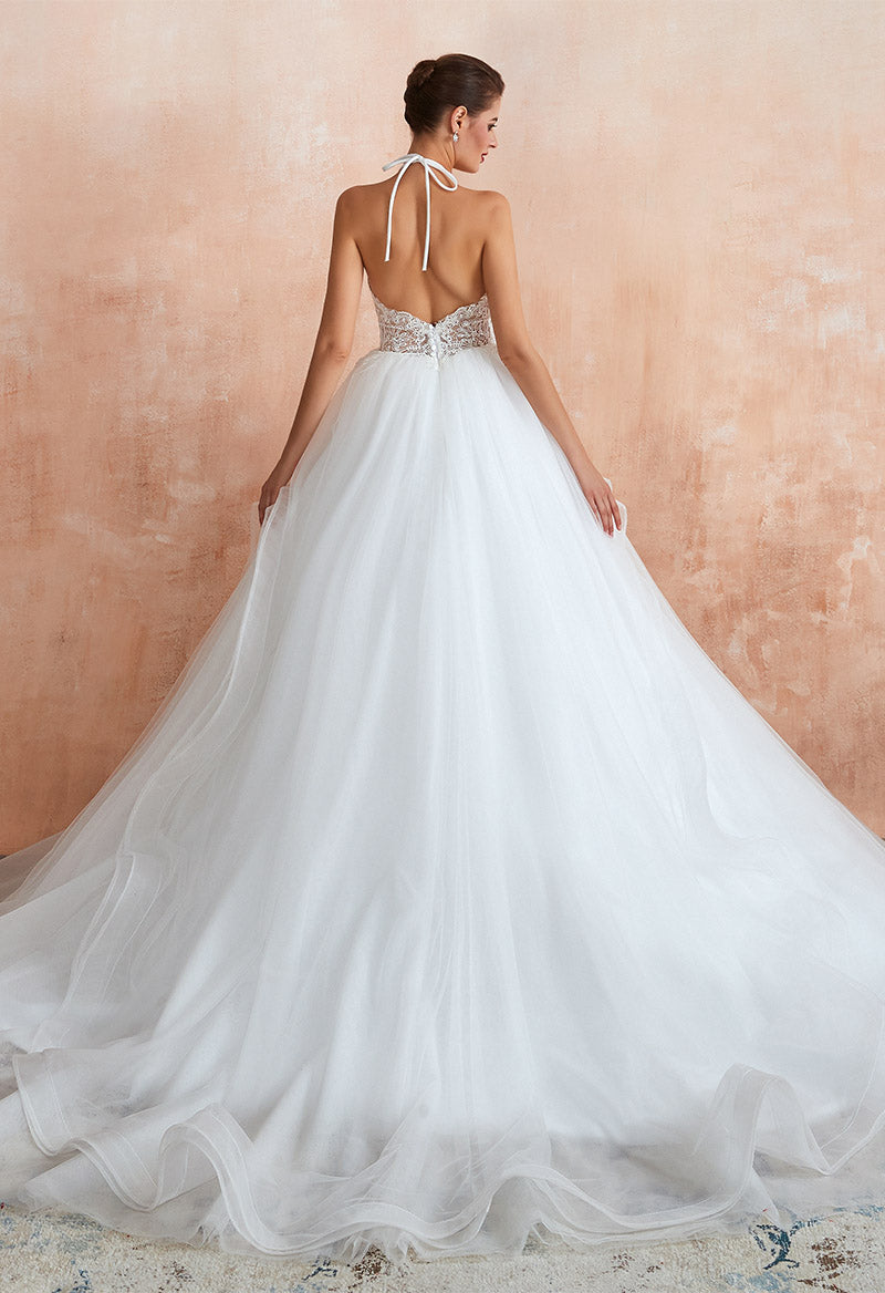 Spaghetti Strap Halter Neck Tulle Ball Gown Sweep Train Sleeveless Wedding Dress