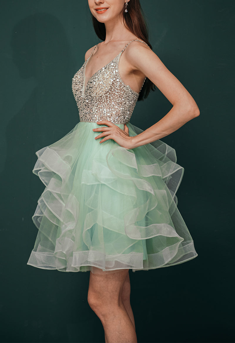 V-Neck Sleeveless Sequins Tulle A Line Homecoming Dress