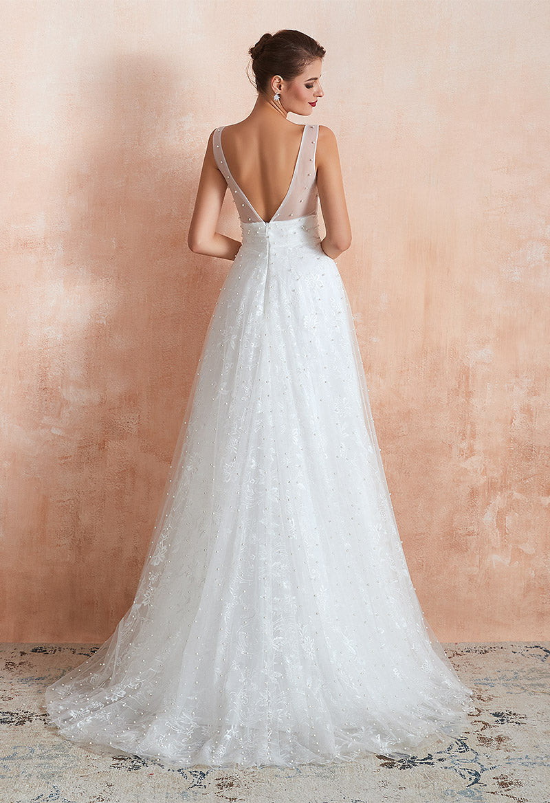 V Neck Sleeveless A Line Tulle Satin Beaded Sweep Train Wedding Dress