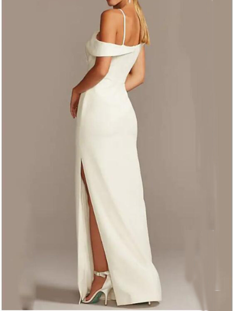 Open Back Floor Length Crepe Bridesmaid Dress