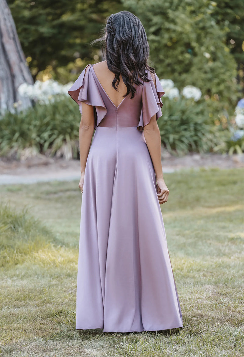 V Neck Pleated Ruffle Short Sleeve A Line Floor Length Bridesmaid Dress