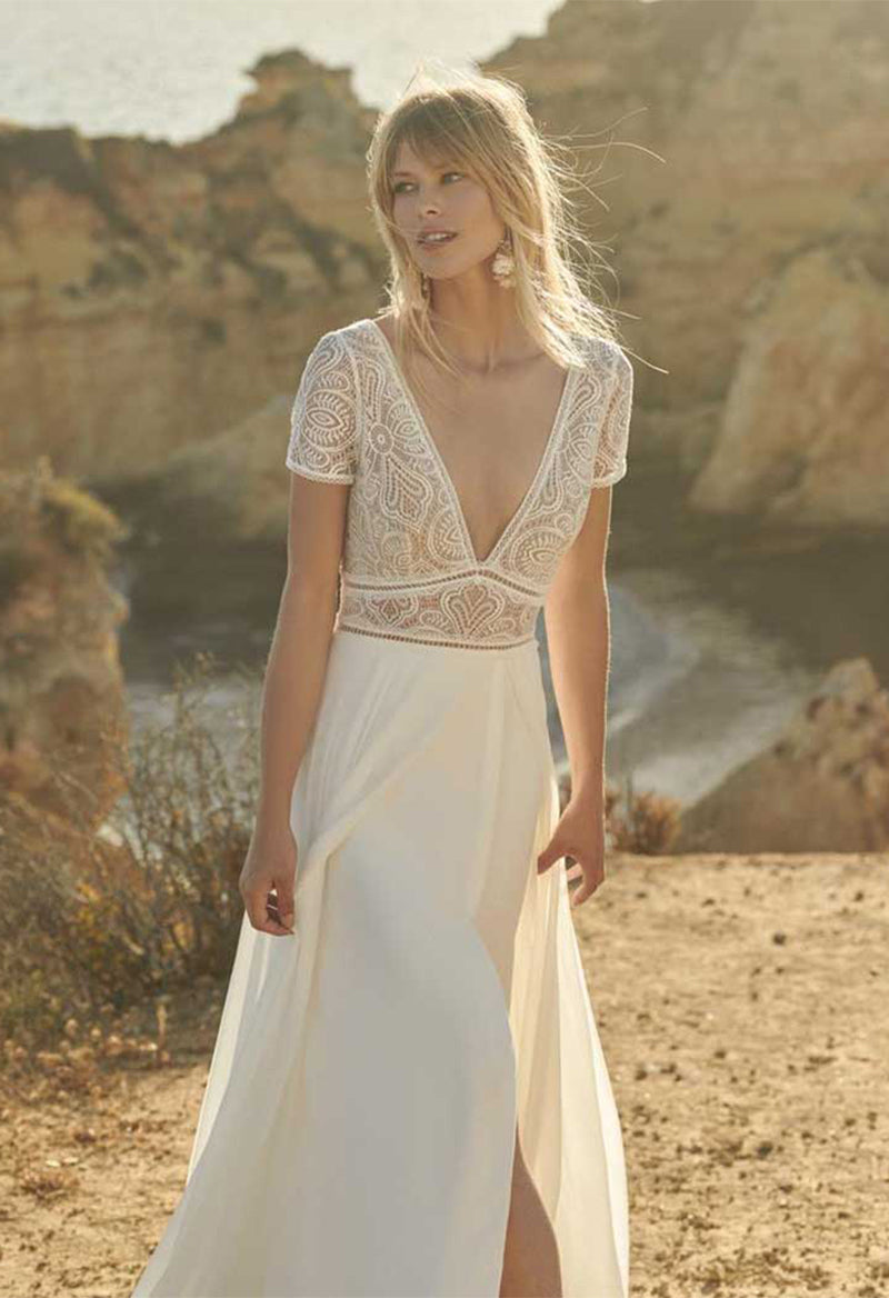 Beach Bohemian Style V Neck Short Sleeve Slit Court Train Wedding Dress As Picture